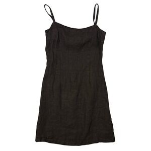 Harve Benard Linen Slip Dress Petite 6 Black Minimalist 90s Strappy Bias Cut